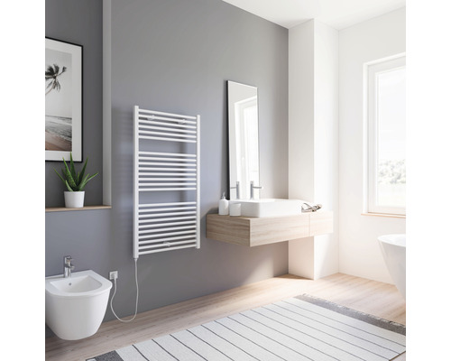 Elektrischer Handtuchwärmer SCHULTE Turbo Heizstab links 60 x 113,5 cm 300 W mit Schukostecker weiß Modernes Badezimmer mit Heizkörper, Bidet und Waschtisch