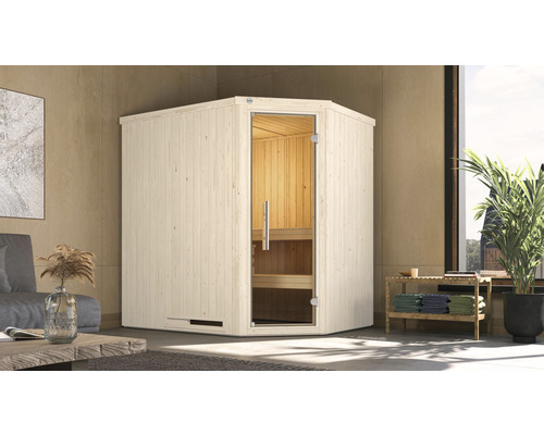 Elementsauna Weka Varberg 1 ohne Ofen mit graphitfarbeneer Ganzglastüre Holzsauna mit Glastür in einem hellen Raum