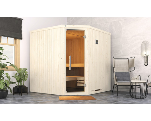 Elementsauna Weka Varberg 3 inkl. 7,5 kW Ofen u.digitaler Steuerung mit graphitfarbiger Ganzglastüre weiß Elementsauna Weka Varberg 3 inkl. 7,5 kW Ofen u.digitaler Steuerung mit graphitfarbiger Ganzglastüre weiß