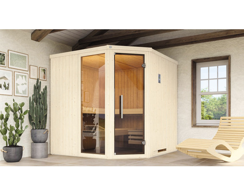 Elementsauna Weka Varberg 3 inkl. 7,5 kW Ofen u.digitaler Steuerung mit Fenster und graphitfarbiger Ganzglastüre weiß