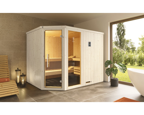 Elementsauna Weka Varberg 4 inkl. 7,5 kW Ofen u.digitaler Steuerung mit Fenster und graphitfarbiger Ganzglastüre Elementsauna Weka Varberg 4 inkl. 7,5 kW Ofen u.digitaler Steuerung mit Fenster und graphitfarbiger Ganzglastüre