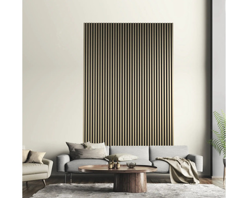 Wohnzimmer mit Akustikpaneel an der Wand hinter einer Couch