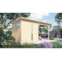 Holzgartenhaus mit Anbau und Grillplatz im Garten