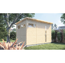 Holzgartenhaus mit Fenstern und Tür im Garten