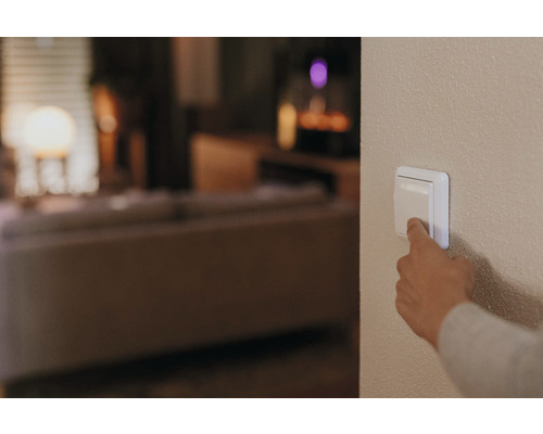 Eine Hand betätigt einen Lichtschalter in einem Wohnraum.