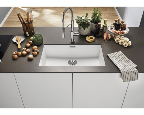 Küchenspüle mit Armatur, Gemüse und Kräutern auf der Arbeitsfläche