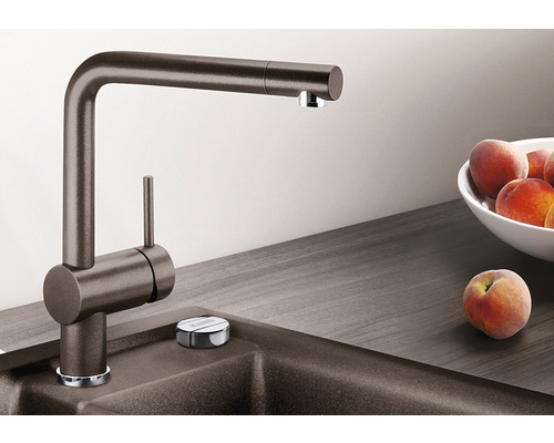 Küchenarmatur auf einer Spüle mit Obstschale und Pfirsich