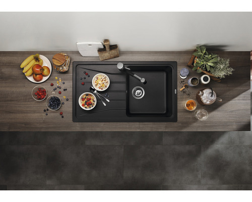 Draufsicht auf eine Spüle mit Frühstückszutaten und Kräutern auf einer Küchentheke.