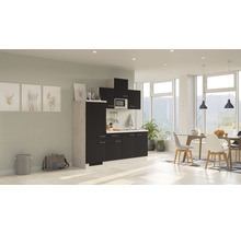 Moderne Küche mit Ober- und Unterschränken, Spüle und Mikrowelle in einem hellen Wohnraum.