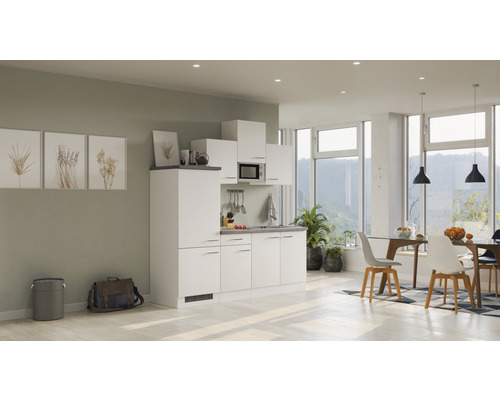 Kompakte Küchenzeile in einem hellen und geräumigen Wohnbereich mit Esstisch