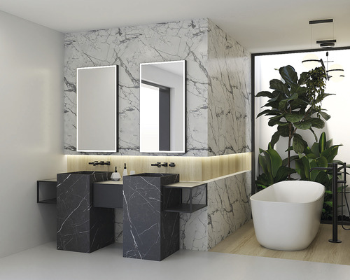 Badezimmer mit Doppelwaschtisch, Spiegeln, Badewanne und Pflanzen für eine helle und organisierte Atmosphäre.