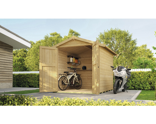 Garten Szene mit Holzgartenhaus, Fahrrad und Motorrad