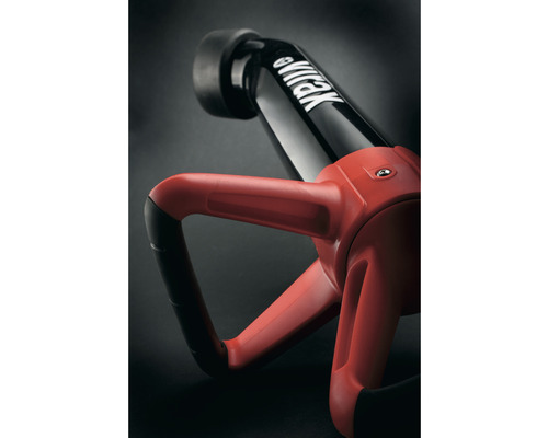 Detailansicht einer eVIRAK Unkrautbürste mit rotem Griff und schwarzem Bürstenkopf.