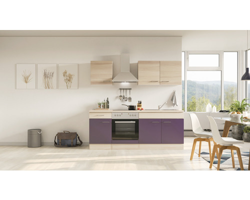 Flex Well Küchenzeile mit Geräten Focus 210 cm Frontfarbe akazie aubergine matt Korpusfarbe akazie zerlegt