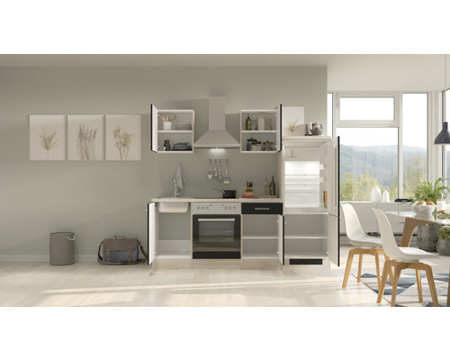 Moderne Küche mit Spüle, Herd, Dunstabzugshaube, Schränken und Kühlschrank in einem hellen Raum.