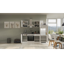 Moderne Einbauküche mit Spüle, Kochfeld, Backofen, Dunstabzugshaube und Kühlschrank