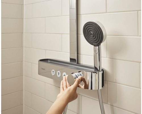 Duschsystem mit Handbrause und Ablage mit Bedienelementen im Badezimmer