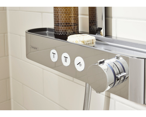 Detailaufnahme eines Duschsystems mit Ablage und Steuerungselementen für verschiedene Strahlarten