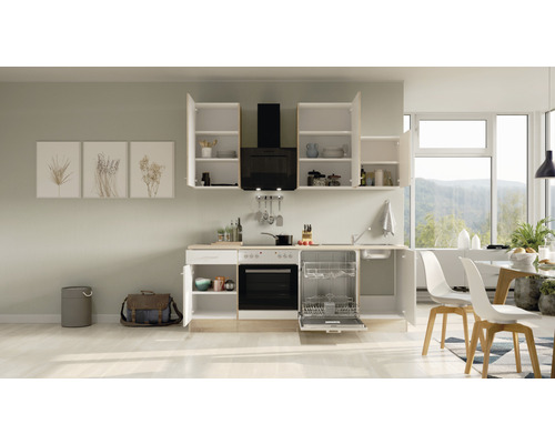 Einbauküche mit Elektrogeräten und offenen Schranktüren in einem hellen Raum.