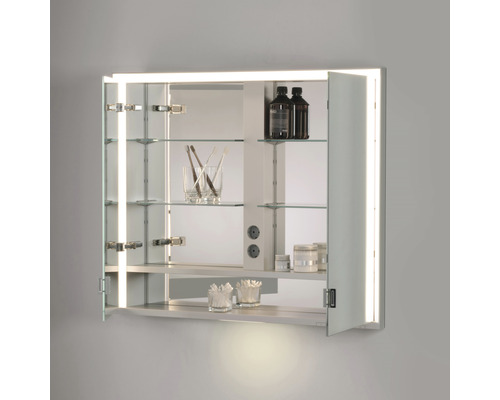 Offener Spiegelschrank mit Beleuchtung und Glasregalen