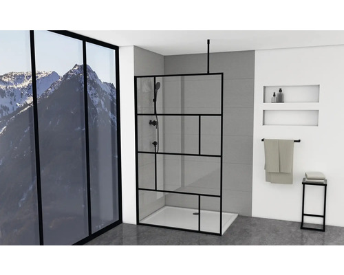 Walk In Aurlane 120 cm Profil schwarz Glasdekor Industrie Design Reversibel Modernes Badezimmer mit Duschkabine aus Glas und schwarzem Rahmen