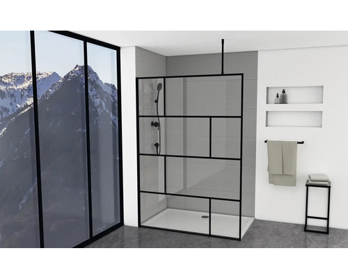 Walk In Aurlane 140 cm Profil schwarz Glasdekor Industrie Design Reversibel Badezimmer mit Duschkabine im Industriedesign, Duscharmatur und Ablagefläche
