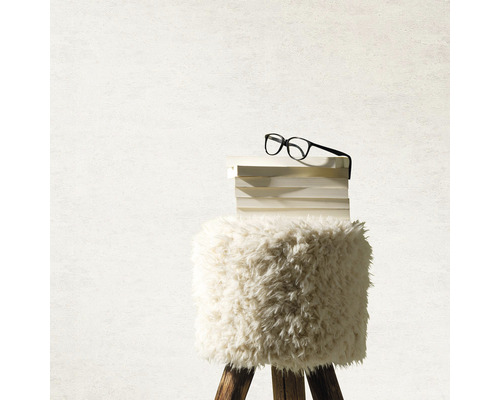 Dekorativer Hocker mit Fellbezug, Buchstapel und Brille