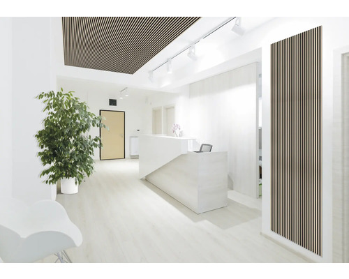 Heller Empfangsbereich mit Holzlamellendecke und Akustikpaneelen an der Wand