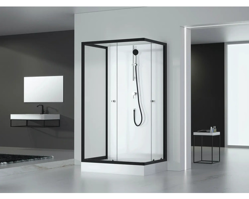 Modernes Badezimmer mit Duschkabine, Waschbecken und Spiegel