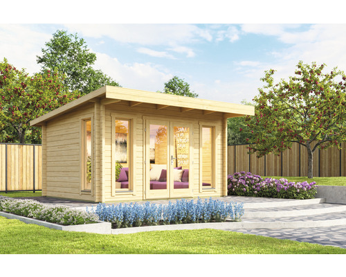 Gartenhaus Outdoor Life Barbados 3 Platin inkl. Fußboden 459 x 419 cm natur Garten Szene mit einem Holzgartenhaus mit Fenstern und Glastüren