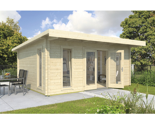 Modernes Gartenhaus aus Holz mit Flachdach und großen Fenstern