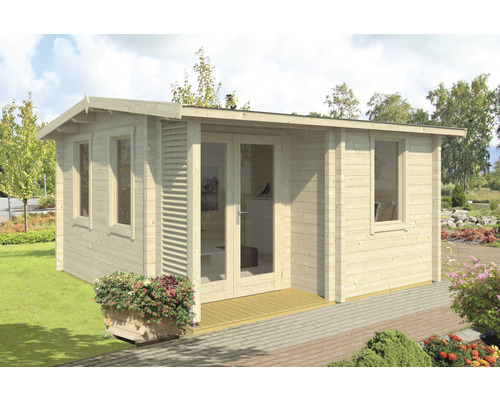 Holzgartenhaus mit Fenstern und Doppeltür