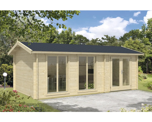 Gartenhaus aus Holz mit Fenstern und Doppeltür