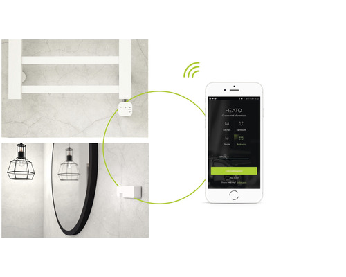 Smartphone mit Heizungssteuerungsapp, Heizkörper und Badezimmerdetails