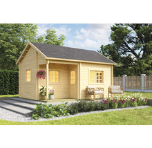 Holzgartenhaus mit überdachter Veranda und Garten