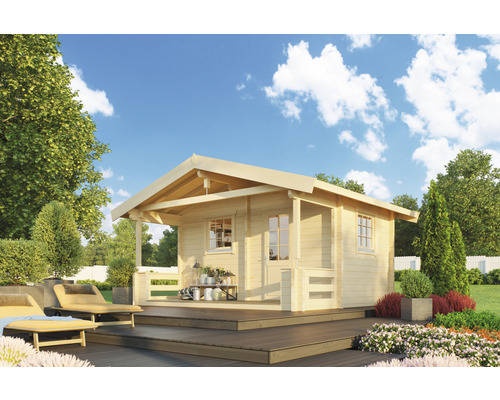 Gartenhaus Outdoor Life Tresco inkl. Terrasse, Fußboden 550 x 470 cm natur Gartenhaus mit Veranda auf einer Holzterrasse in einem Garten.