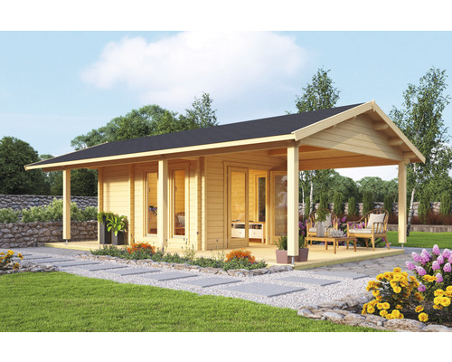 Gartenhaus Outdoor Life White Nile inkl. Terrasse, Fußboden 466 x 790 cm natur Holz Gartenhaus mit überdachter Terrasse im Garten