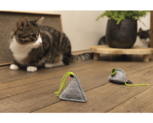 Szene mit Katzenspielzeug aus Filz in Dreiecks- und Mausform mit Katzen im Hintergrund