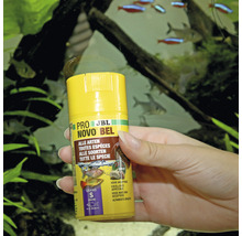 JBL NovoBel Fischfutter Dose in der Hand vor Aquarium