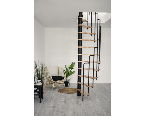 Eine moderne Wohnungseinrichtung mit einer Wendeltreppe, einem Rattansessel und dekorativen Pflanzen.