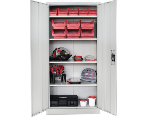 Offener Werkzeugschrank mit Werkzeugen und Behältern