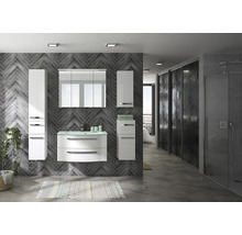 Badezimmer mit Waschbecken, Spiegelschrank, Hochschrank und Unterschrank in Weiß