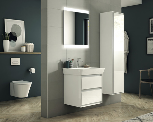 Modernes Badezimmer mit Waschtisch, Spiegelschrank, Hänge-WC und Hochregal für ein stilvolles Ambiente