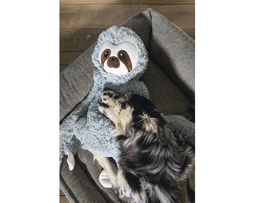 Hund ruht mit einem Faultier-Hundespielzeug auf einem Hundebett.