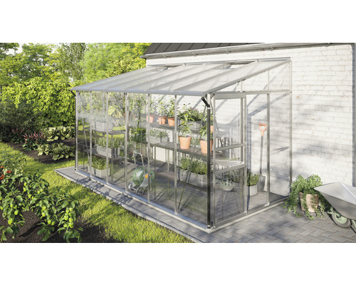 Gewächshaus mit Pflanzen und Gartengeräten im Garten