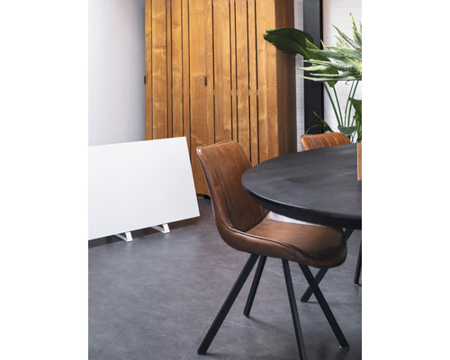 Esszimmer mit Esstisch, Stühlen, Heizkörper und Holzschrank