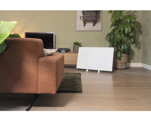 Wohnzimmer mit Sofa, Fernseher, Zimmerpflanzen und Paneelheizung