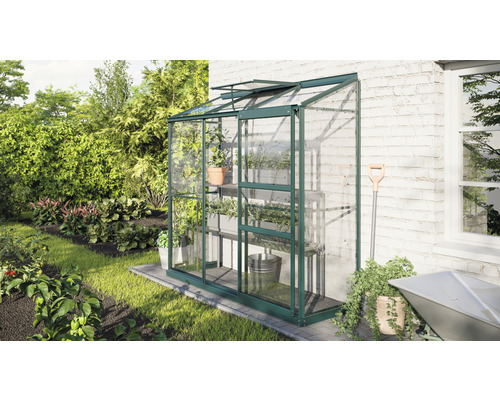 Gewächshaus aus Glas im Garten mit Pflanzenregalen