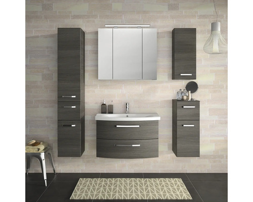 Modernes Badezimmer-Set mit Waschtisch, Spiegelschrank und Hochschränken in Holzoptik