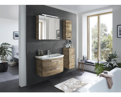 Modernes Badezimmer mit Waschtisch, Spiegelschrank und Hochschrank im Holzdesign